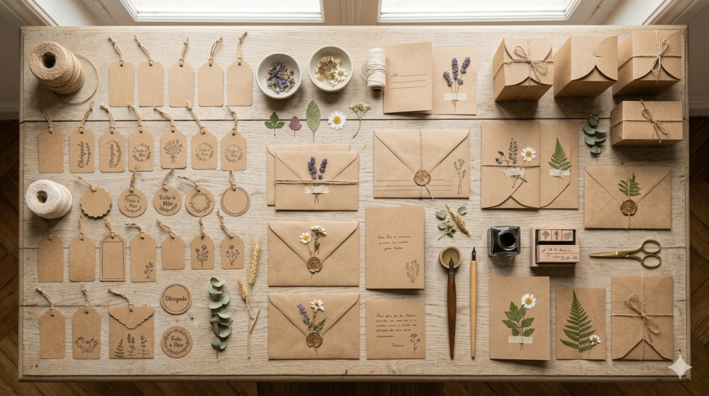 Artesanatos variados feitos com papel kraft como caixas, tags e envelopes
