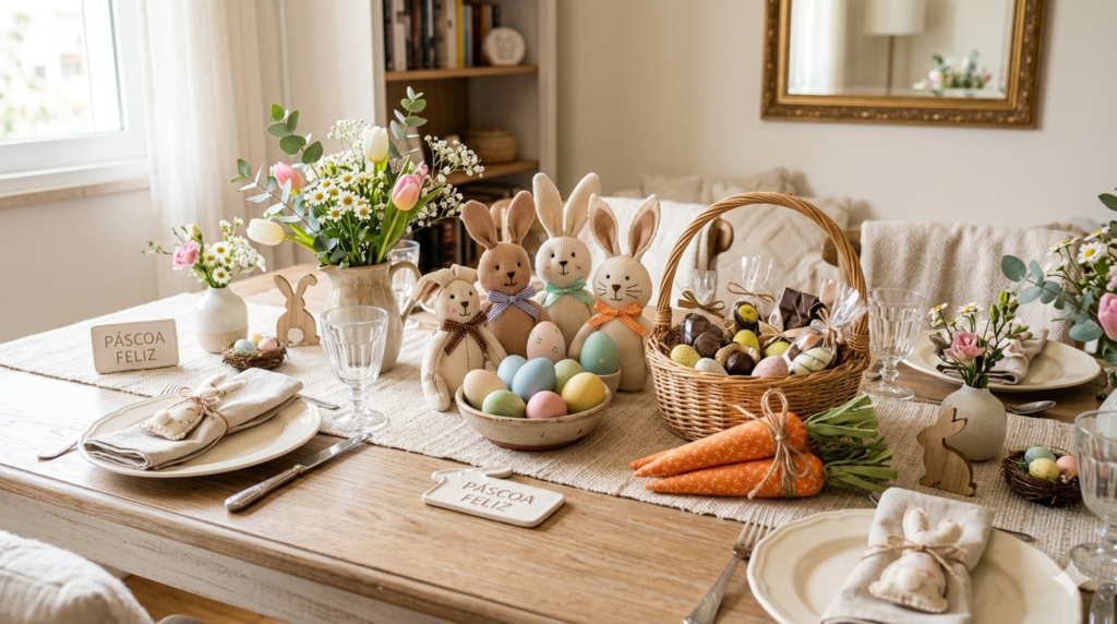 Mesa decorada com artesanato para a Páscoa com coelhos, ovos decorativos e cestinhas artesanais
