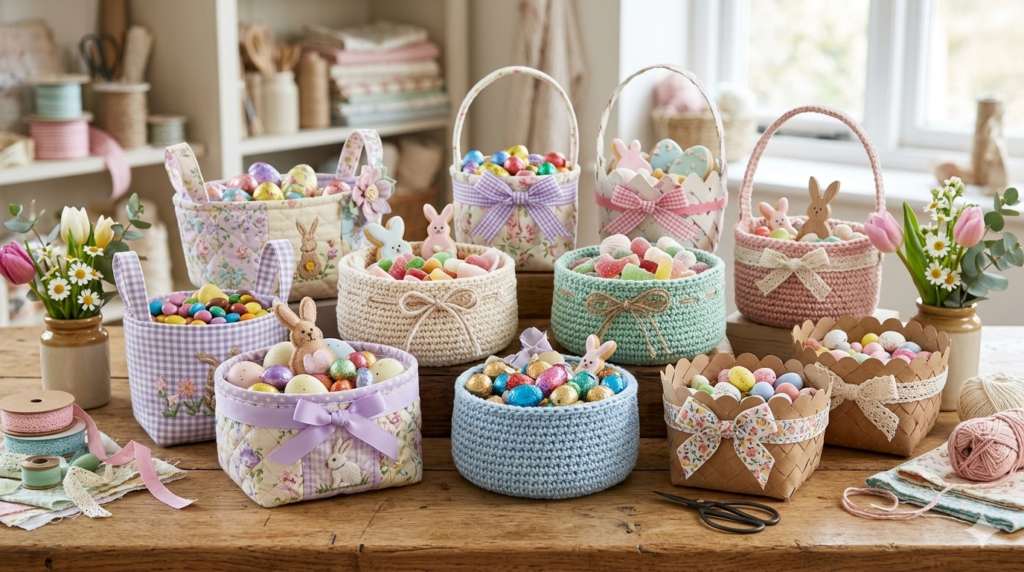 Cestinhas de artesanato para a Páscoa feitas à mão com chocolates e decoração temática