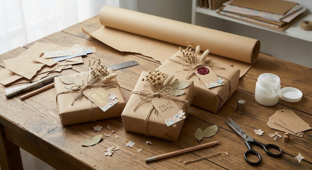 Mesa de trabalho com projetos de artesanato feitos com papel kraft
