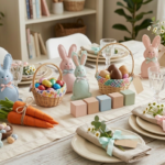 Ideias de artesanato para a Páscoa com coelhos decorativos, ovos e cestinhas feitas à mão