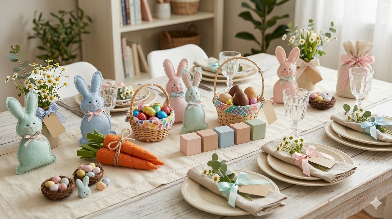 Ideias de artesanato para a Páscoa com coelhos decorativos, ovos e cestinhas feitas à mão