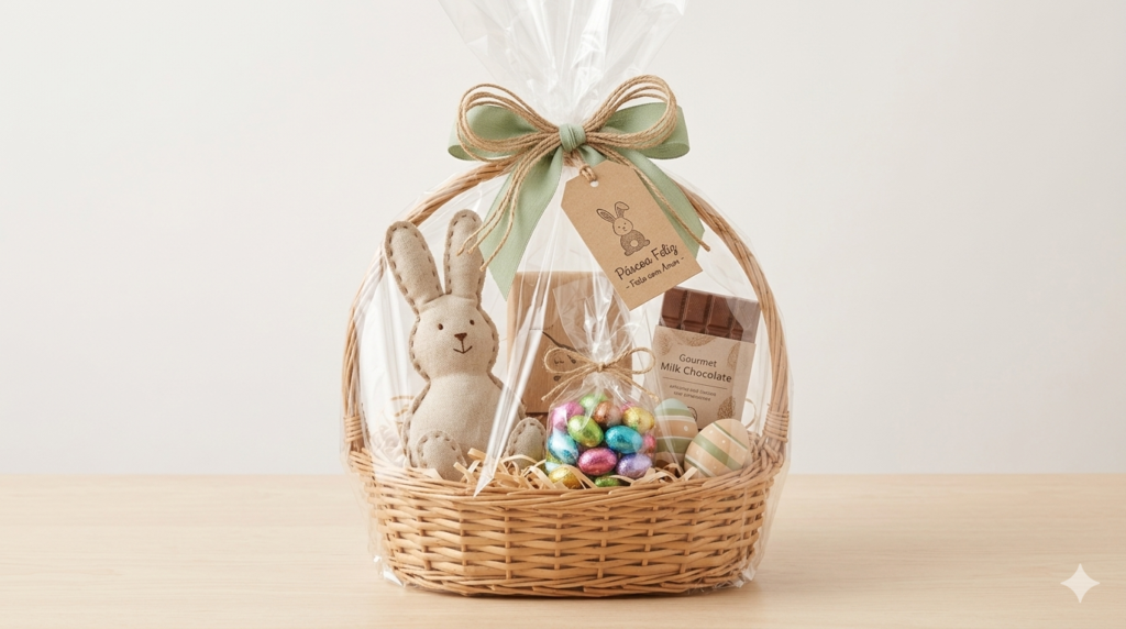 Kit de Páscoa artesanal com coelhinho decorativo e chocolates para presente