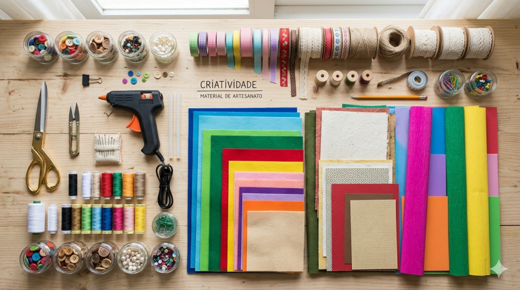 Materiais utilizados para fazer artesanato para a Páscoa como feltro, tesoura, fitas e papéis coloridos