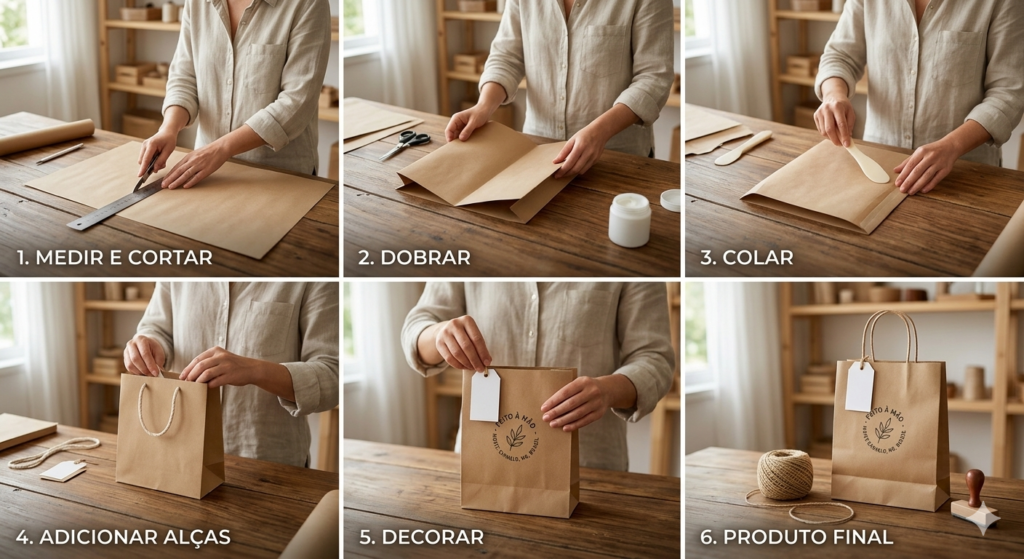 Passo a passo de sacola artesanal feita com papel kraft