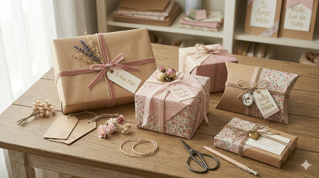 Embalagens artesanais delicadas para presentes do Dia das Mães