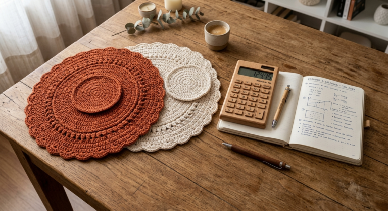 Peças de crochê prontas ao lado de calculadora e caderno de anotações