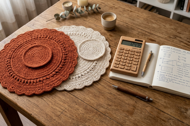 Peças de crochê prontas ao lado de calculadora e caderno de anotações